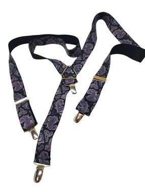 Vintage Purple Paisley CAS West Germany Silk Suspenders w/Clips